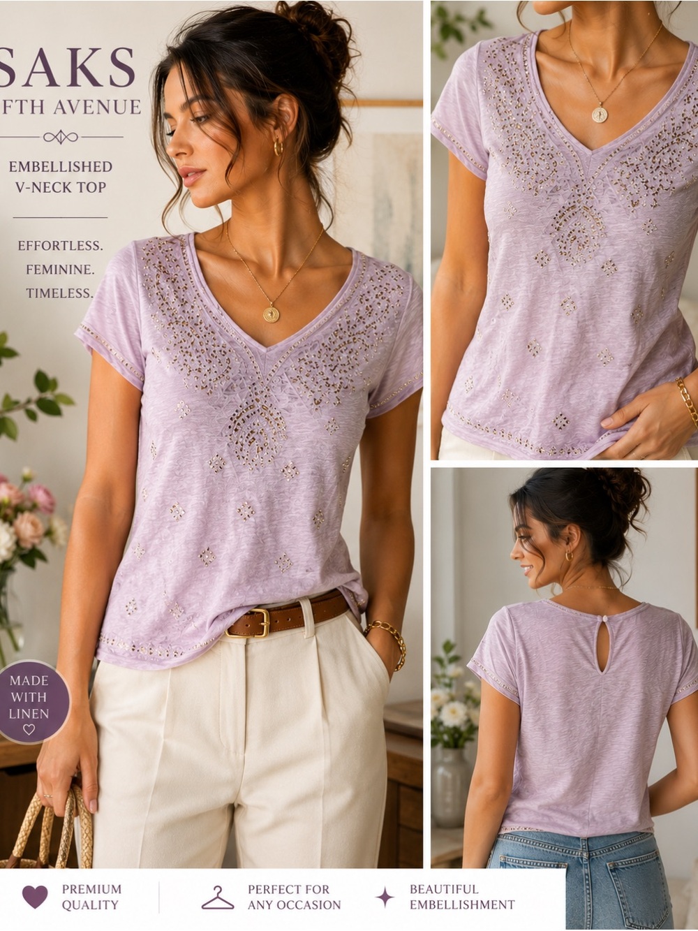 Saks Fifth Avenue 100% Linen Embellished V-Neck Top Lavender Medium M
